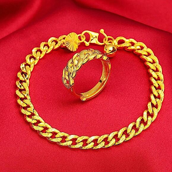 Gold Plated 18K Chain Link Bracelet Matching Ring Set - Picture 4 of 7